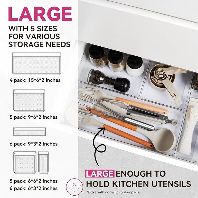 Criusia Large Drawer Organizer Bins 26 Pack | Complete 5 Size Clear Plastic Kitchen Drawer Organizers for Utensils | Bathroom Drawer Organizer Trays | Versatile for Makeup Office Organization - ModernBath