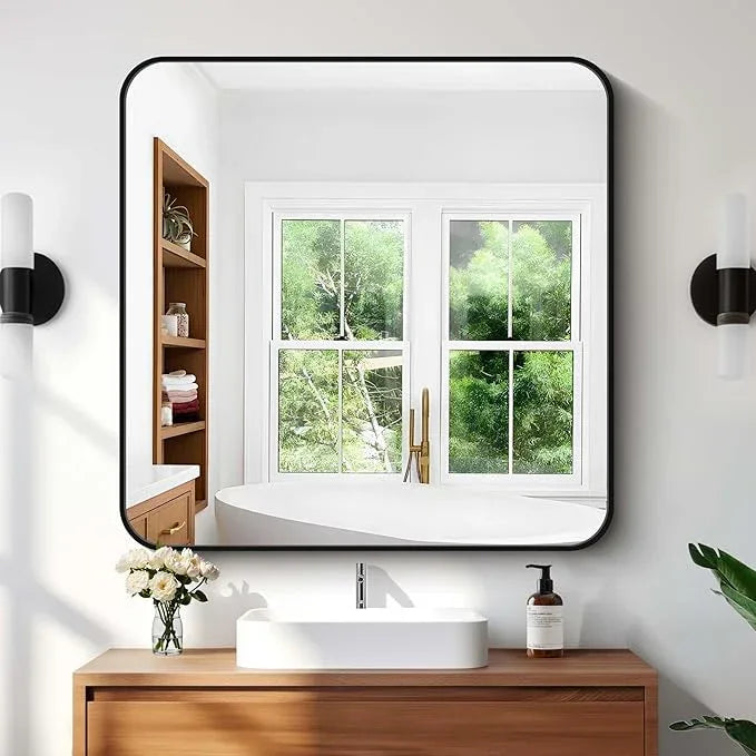CIVENO Bathroom Mirror, 36"x36" Black Square Wall Mirror, Metal Frame Rounded Corner Vanity Mirror, Large Wall Mounted Mirror for Modern Bedroom Living Room Horizontal Or Vertical Mounting - ModernBath