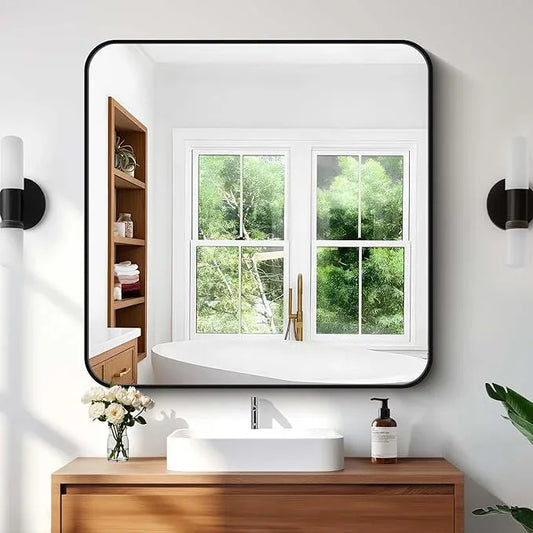 CIVENO Bathroom Mirror, 36"x36" Black Square Wall Mirror, Metal Frame Rounded Corner Vanity Mirror, Large Wall Mounted Mirror for Modern Bedroom Living Room Horizontal Or Vertical Mounting - ModernBath