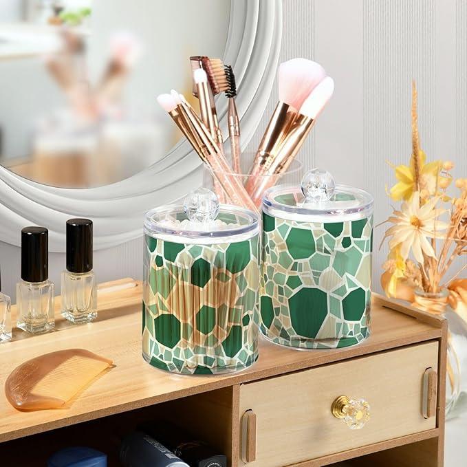Tatenale Qtip Holder Bathroom Set Q tip Cotton Ball Swab Pad Dispenser Container Organizer Plastic Jars with Lids Storage 2Pack Monochromatic Terrazzo Green - ModernBath
