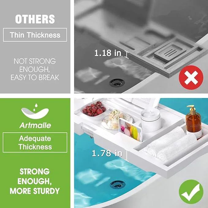 Artmalle Bathtub Caddy Tray - Expandable and Foldable Bath Tray for Tub, Luxury Bamboo Bath Caddy Tub Table, Bathtub Accessories with Book Holder and Free Soap Dish, White - ModernBath