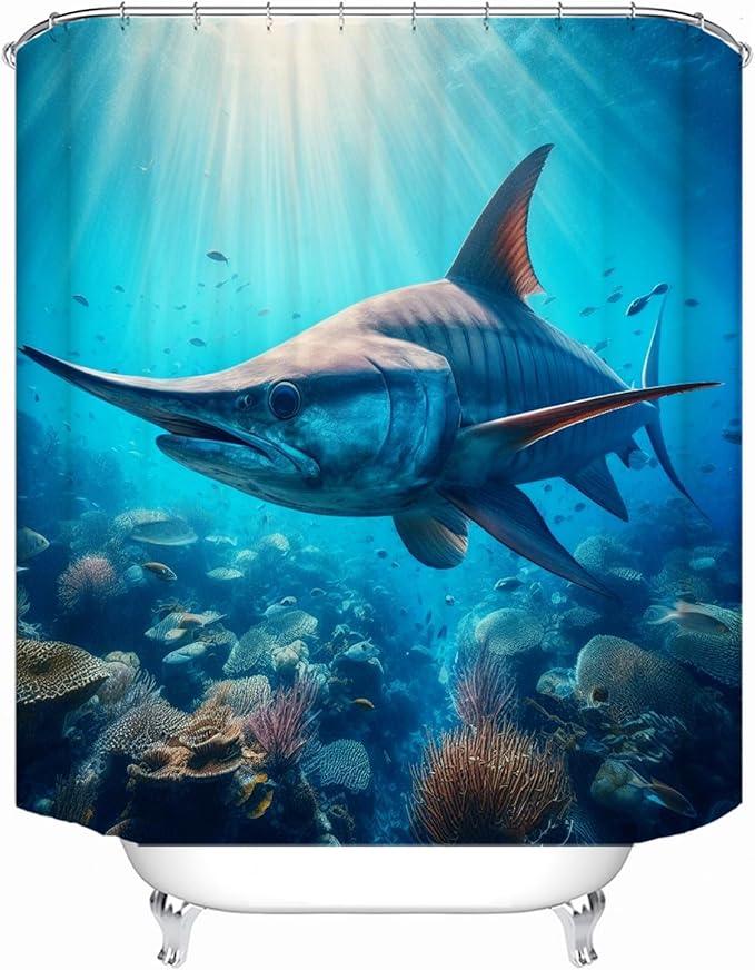 LYFANS Bathroom Using Undersea Swordfish 3D Shower Curtains, Luxury Bathtub Standard Shower Curtain, Waterproof and Bright Fabric Shower Curtain, Size (72x72 Inches) - ModernBath