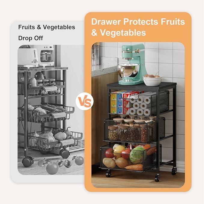 Pantry Organizer and Storage Cart, 3-Tier Kitchen Storage Cart with Drawer, Fruit Vegetable Storage Cart with Wheels, Wooden Top Metal Wire Kitchen Organizer Rack Stand for Food Snack Onion Potato - ModernBath