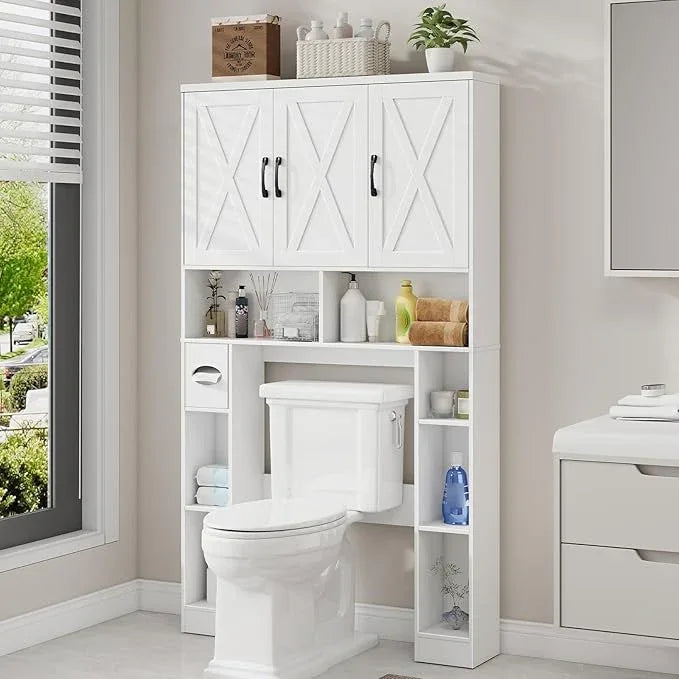Over The Toilet Storage Cabinet, Farmhouse Toilet Cabinet Rack with 3 Barn Doors, Space Saving Bathroom Organizer with Shelves, Toilet Paper Holder and Towel Rack for Bathroom,Restroom,Laundry, White - ModernBath