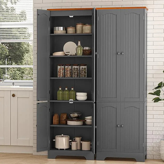 4 Door Pantry -72.2'' Kitchen Cabinet with Adjustable Shelves, Freestanding Cupboard, Tall Storage Cabinets for Dining Room, Living Room, Laundry, Bathroom, Entryway, Grey - ModernBath