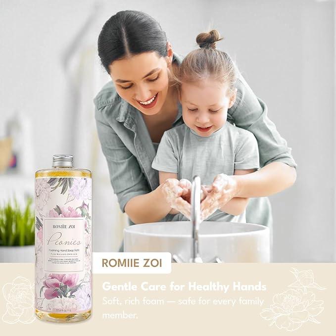 ROMIIE ZOI Foaming Hand Soap Refills 3-Pack (33.8 Fl Oz x 3) with Refilable Dispenser Peony Scented–Chemical-Free for Sensitive Skin, Bulk Refill Bottles for Bathroom & Kitchen Use - ModernBath