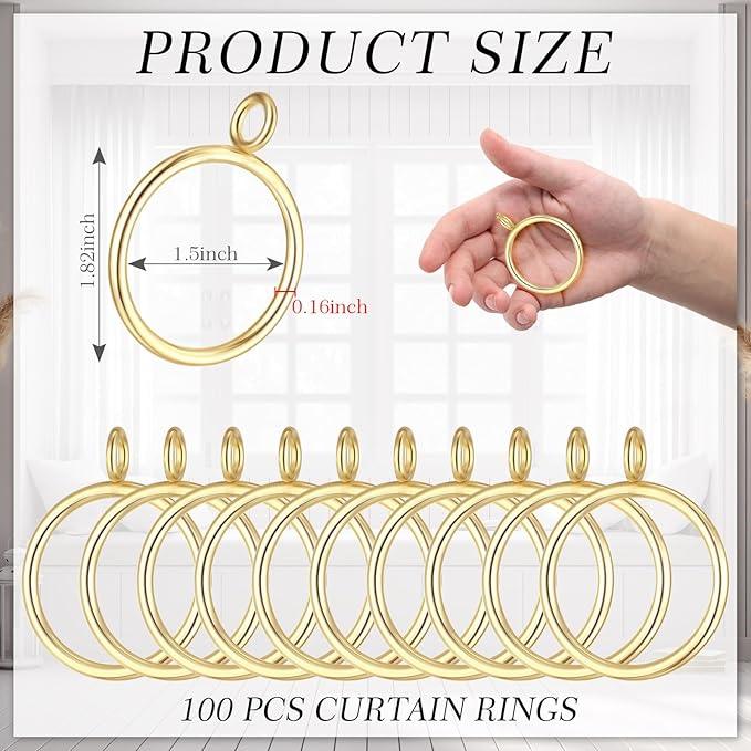 Maitys 100 Pcs Metal Curtain Rings with Eyelet 1.5-inch Inner Diameter Eyelet Curtain Rings for Drapery Clips Hooks for Sliding Window Bathroom Door Shower Rod (Gold) - ModernBath