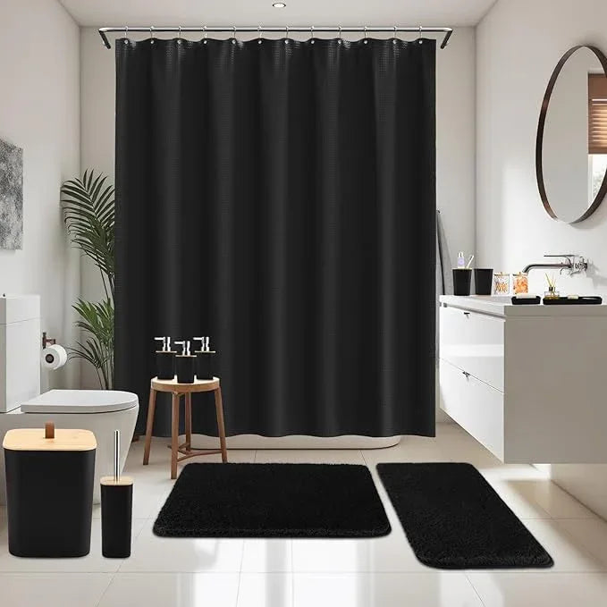 XLHOMO Bathroom Sets with Shower Curtain and Rugs, 27PCS Black Bathroom Accessories Set with Trash Can, Black Shower Curtain Set, No Slip Super Absorbent Bathroom Rugs - ModernBath