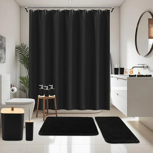 XLHOMO Bathroom Sets with Shower Curtain and Rugs, 27PCS Black Bathroom Accessories Set with Trash Can, Black Shower Curtain Set, No Slip Super Absorbent Bathroom Rugs - ModernBath