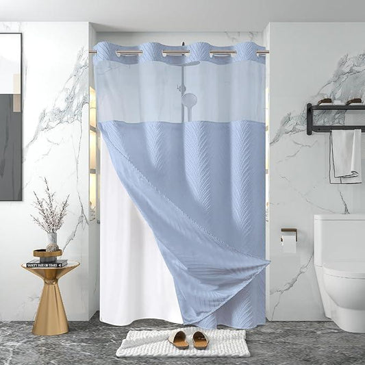 eachope stall no Hook Tufted Shower Curtain with snap in Liner Set, White Waterproof Fabric Inner Liner,Boho Style Shower Curtain with See Through top Window, FrostBlue, 54Wx80H - ModernBath