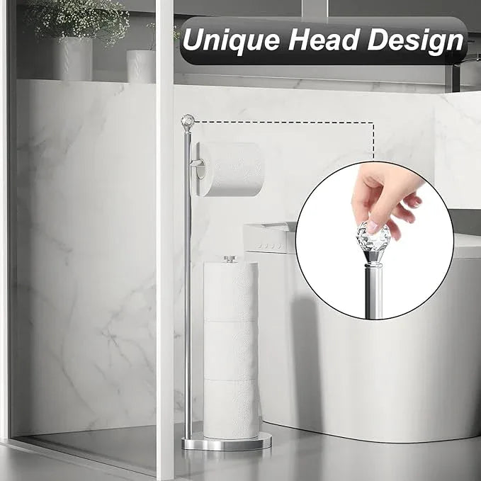 Toilet Paper Holder for Bathroom, Heavy Weighted Metal Free Standing Toilet Paper Storage with Crystal Ball, Toilet Paper Stand for Bathroom Accessories, Polished Chrome [Holds MEGA Rolls] - ModernBath
