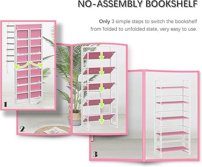 4NM No Assembly 5 Tiers Folding Bookshelf Storage Shelves Vintage Bookcase Standing Racks Study Organizer Home Office (Pink White) - ModernBath