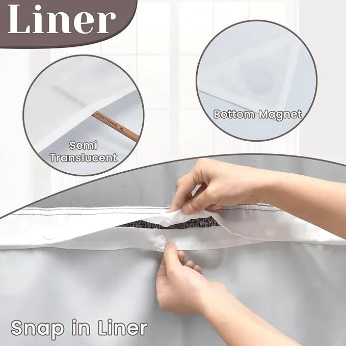 SORTTO No Hook Slub Textured Shower Curtain with Snap in Liner - Black Fabric Outer Curtain & Waterproof Inner Liner, Hotel Style with See Through Top Window, 71x86 in - ModernBath