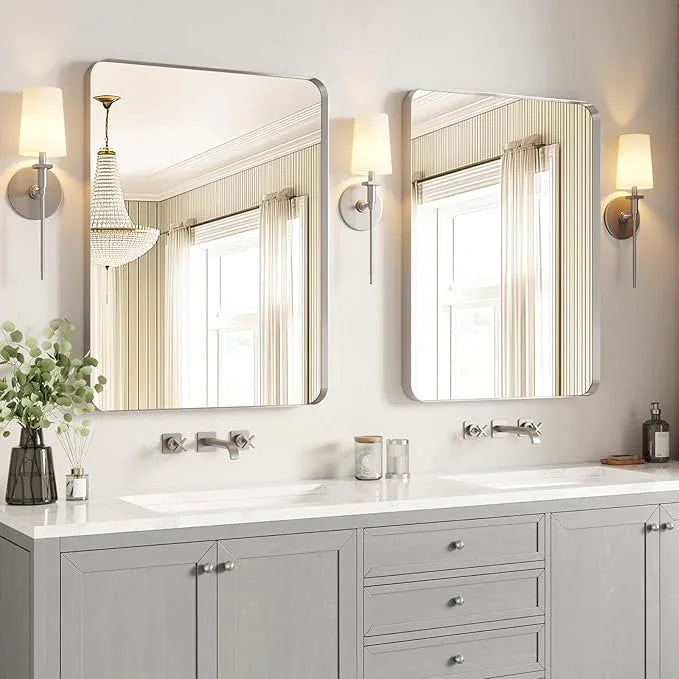 USHOWER Brushed Nickel Bathroom Mirrors 24"x36" 2 Pack, Silver Rectangle Mirrors for Over Sink, Rounded Corner, Aluminum Frame, Anti-Rust, Tempered Glass, Horizontal or Vertical Mounted - ModernBath