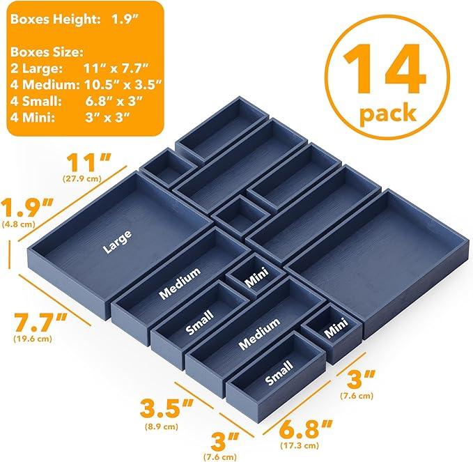 SpaceAid 14-Piece Bamboo Drawer Organizer Storage Boxes Set, Wood Tray Junk Drawer Organizers Multi-Use Divider Bins for Kitchen, Bathroom, Office Desk and Makeup Organization (14 Pack, Navy Blue) - ModernBath