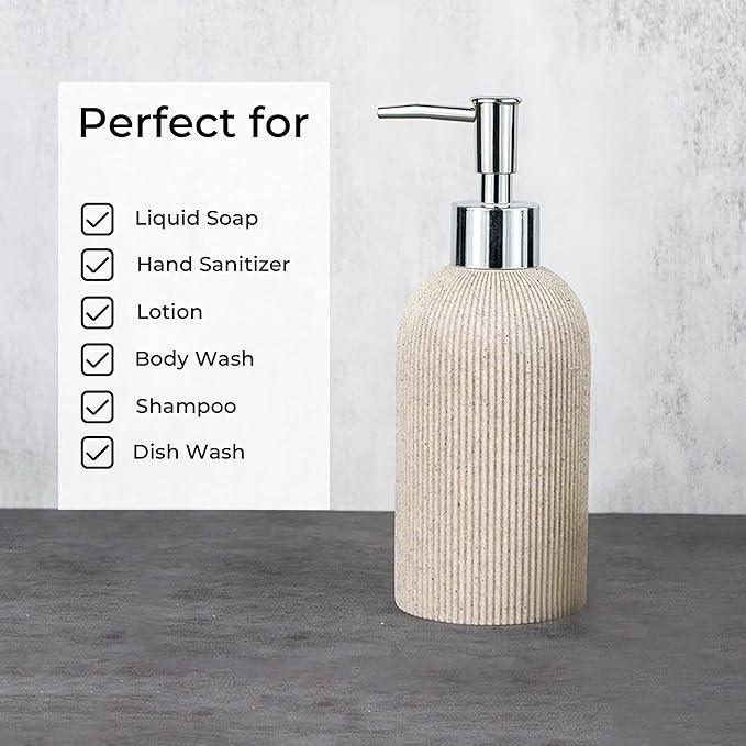 Sand Beige Hand Soap Dispenser for Bathroom and Kitchen with Pump, Luxury Farmhouse Style, Lotion, Dish Soap Dispenser, Sandstone Finish, Rust Proof, 7oz (Silver Pump) - ModernBath