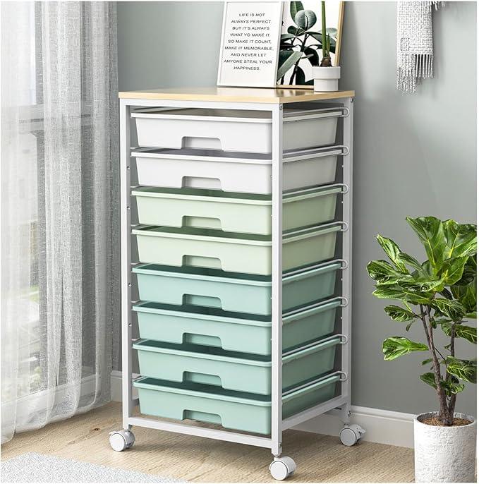 Rolling Storage Utility Cart Organizers with 8 Drawers and Wooden Tabletop for Living Room,Office,Classroom,Craft Room,Bedroom,Dorm,Green - ModernBath