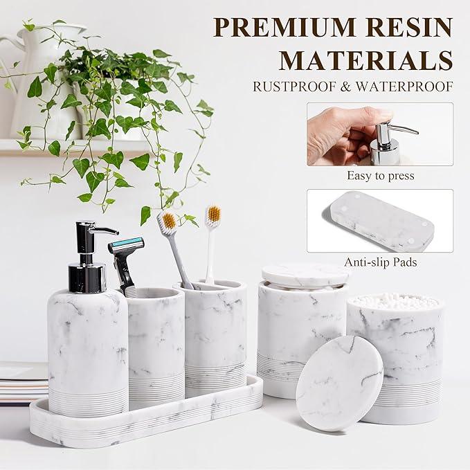 Bathroom Accessories Set, 6-Piece Bathroom Accessory Set, Toothbrush Holders Set, Soap Dispenser, Vanity Tray, Tumbler, Cotton Swab Jars, Bathroom Organizer for Modern Bathrooms (Marble White) - ModernBath