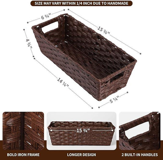 Onlytak Plastic Wicker Storage Baskets - Toilet Tank & Bathroom Baskets, Woven for Organizing, Brown, 15¾" x 6¾" x 4¾", 2-Pack - ModernBath