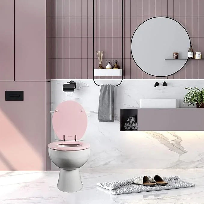 Pink Round Toilet Seat Natural Wood Toilet Seat with Zinc Alloy Hinges, Easy to Install also Easy to Clean, Scratch Resistant Toilet Seat by Angol Shiold (Round, Pink) - ModernBath