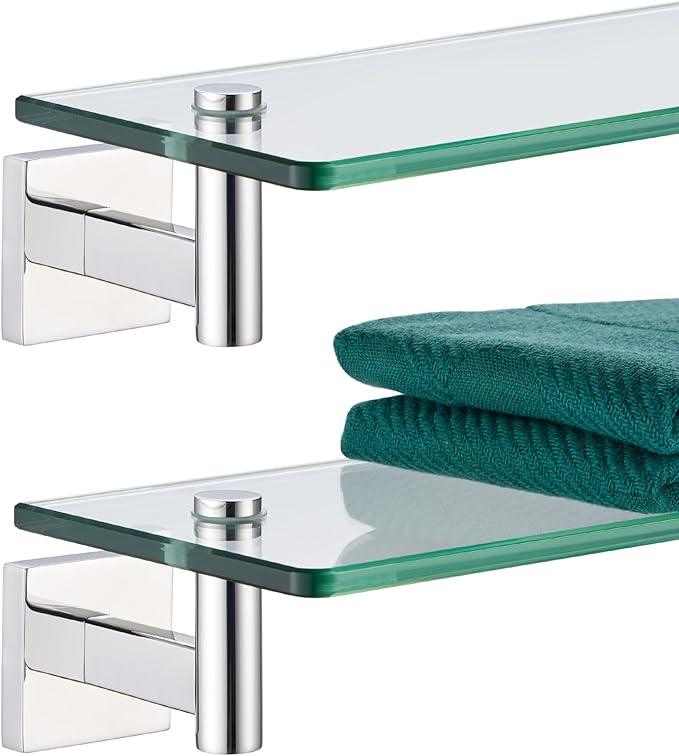 KOKOSIRI Bathroom Shelves Wall Mounted Floating Glass Shelf Polished Stainless Steel 20-Inch Hanging Rack for Storage/Room Decor 2 Pack B1105CH-L20-P2 - ModernBath