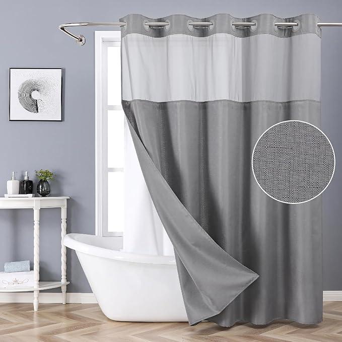 eachope Grey Long No Hook Shower Curtain with Snap-in Fabric Liner Set,Slub Textured Fabric Shower Curtains for Bathroom,Hotel Style Modern Shower Curtain,Water Repellent & Washable,71x80(78) - ModernBath