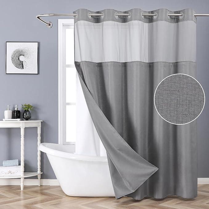 eachope Grey No Hook Shower Curtain with Snap-in Fabric Liner Set,Slub Textured Fabric Shower Curtains for Bathroom,Hotel Style Modern Shower Curtain,Water Repellent & Washable,71x77(75) - ModernBath