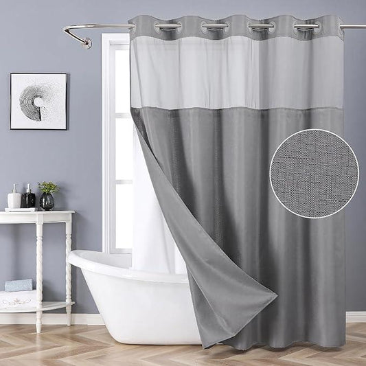 eachope Grey No Hook Shower Curtain with Snap-in Fabric Liner Set,Slub Textured Fabric Shower Curtains for Bathroom,Hotel Style Modern Shower Curtain,Water Repellent & Washable,71x77(75) - ModernBath