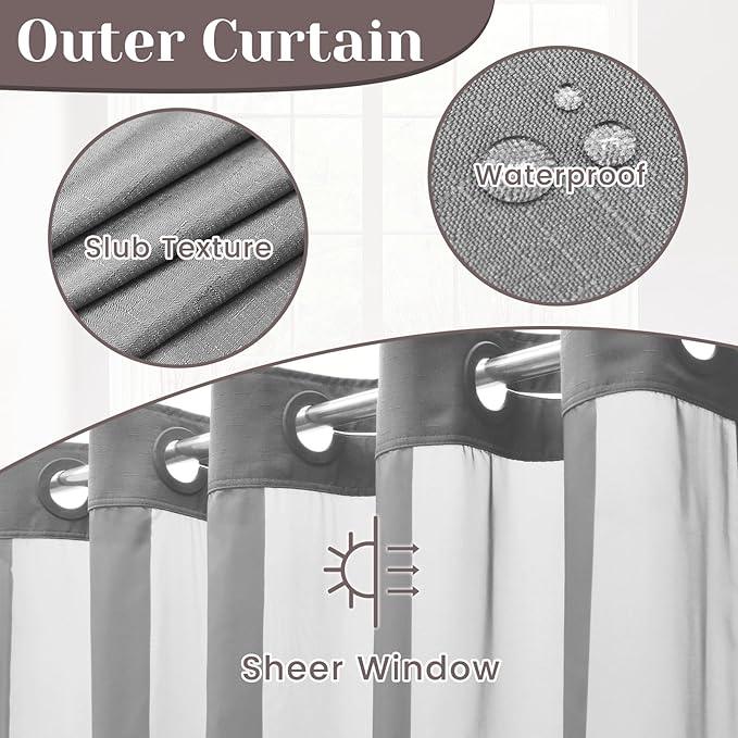 SORTTO No Hook Slub Textured Shower Curtain with Snap in Liner - Grey Fabric Outer Curtain & Waterproof Inner Liner, Hotel Style with See Through Top Window, 71x80 in - ModernBath