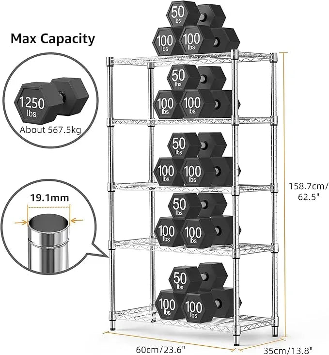 1250 lbs Steel Heavy Duty 5-Tier Utility Shelving Unit Steel Organizer Wire Rack for Home,Kitchen,Office,Chrome (13.7" D x 23.6" W x 62.4" H) - ModernBath