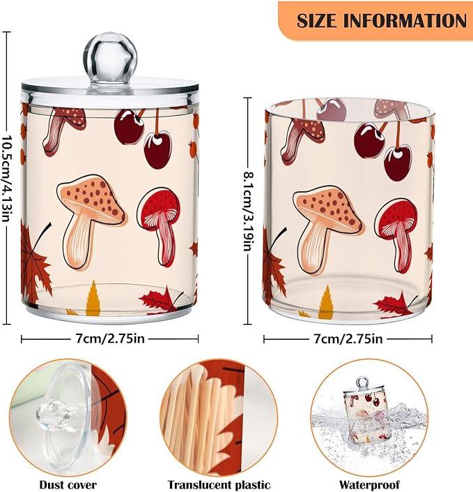 Tatenale Qtip Holder Bathroom Set Q tip Cotton Ball Swab Pad Dispenser Container Organizer Plastic Jars with Lids Storage 2Pack Fall Leaves Rowanberry and Mushroom - ModernBath