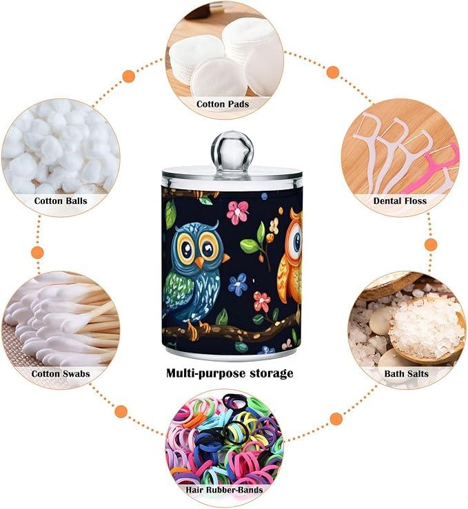 Tatenale Qtip Holder Bathroom Set Q tip Cotton Ball Swab Pad Dispenser Container Organizer Plastic Jars with Lids Storage 2Pack Vibrant Owls Branches Flowers Spring - ModernBath