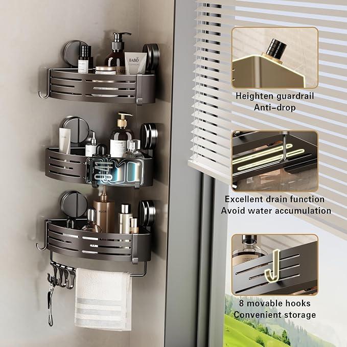 VOLPONE Shower Caddy Suction Cup No Drilling Suction Cup Shower Shelf Heavy Duty Bathroom Shower Organizer Storage Rack Adhesive with Towel Bar Hooks (1-Pack, Matte Gray) - ModernBath