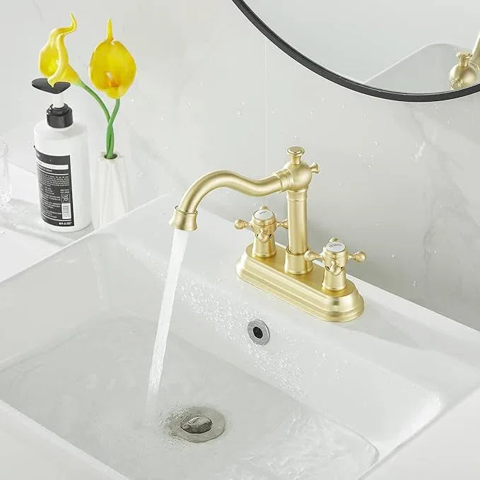 GGStudy Bathroom Faucet Brushed Gold 2 Handles 4 Inches Centerset Bathroom Vanity with Drain Assembly and Supply Hose Lavatory Faucet - ModernBath