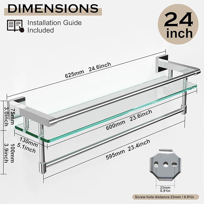 24 Inches Floating Glass Shelves for Wall with Towel Bar/Track, SUS 304 Stainless Steel Railing Tempered Glass Shelf, for Toilet, Room Decor Modern (Chrome Polished, 24-inch) - ModernBath