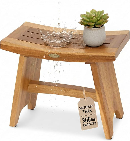 EcoDecors 24 Inch Serenity Teak Shower Bench – Waterproof Bathroom Seat | Spa-Style Teak Wood Stool for Adults & Seniors | Safe Non-Slip Feet | Elegant Finish | 250 Pound Capacity