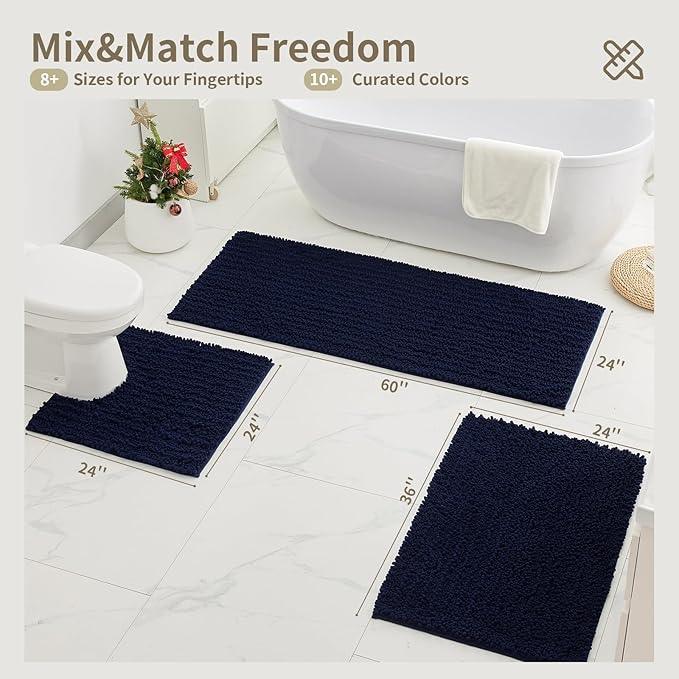 Ruggnovea Chenille Bathroom Rugs Non Slip Washable 70x24, Extra Thick Soft Absorbent Chenille Bath Mat, Non-Slip Barrier Backing, Quick Dry Machine Washable Bath Mats Tub, Shower,Floor/Sink,Navy Blue - ModernBath