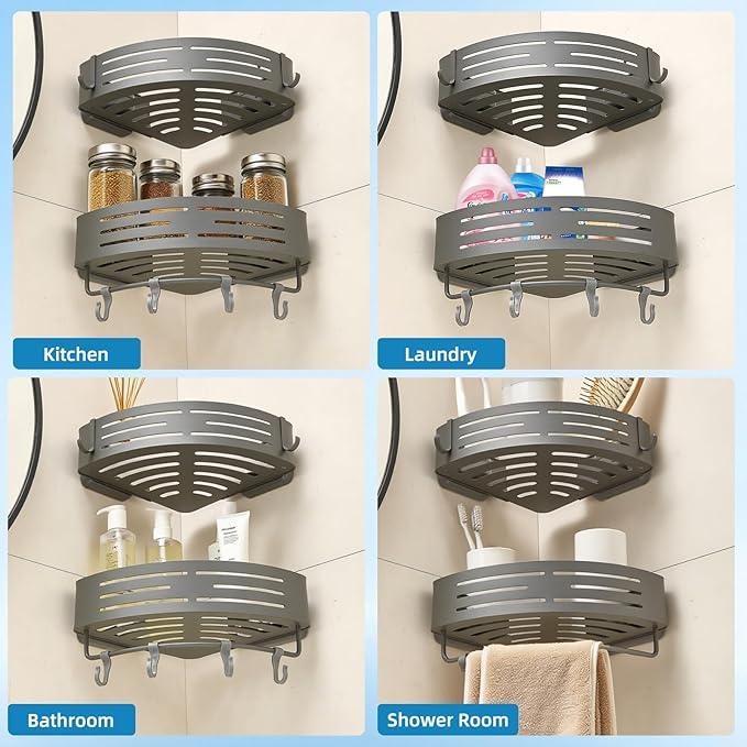 Suction Cup Shower Caddy Corner, Shower Storage Rack With Large Capacity, No Drilling Suction Shelves Space-Saving Shower Organizer with Towel Bar Hooks for Bathroom & Home Decor(2pcs, Gray) - ModernBath