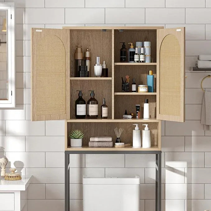 Rattan Toilet Storage Cabinet, Over The Rack Wood Cabinet with Metal Stand, Bathroom Organizer with Adjustable Shelf, Tall Freestanding Washer Shelf, Small Cupboard, Natural - ModernBath