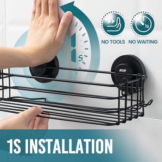 TAILI Shower Caddy Suction Cup 2 Pack with Hooks & Soap holder, Heavy Duty Shower Organizer for Bathroom, No Drilling Bathroom Organizer with Large Capacity, Black Metal Storage Basket - ModernBath