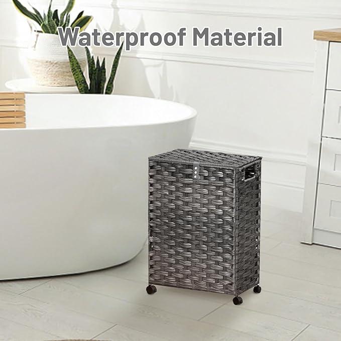 Hiagnete Toilet Paper Storage Basket with Lid and Wheels, Rattan Toilet Paper Holder Storage, Toilet Paper Organizer for Bathroom, Bedroom, Kitchen, 12.6”L x 7.1”W x 17.14”H, Grey - ModernBath