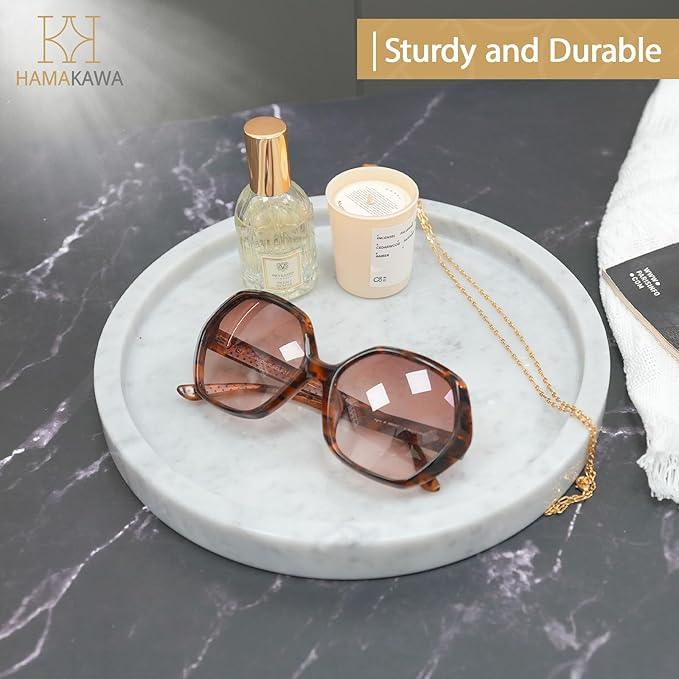 HAMAKAWA Natural Marble Bathroom Vanity Tray, Large Round Sink Tray 9.5 inch, Carrara White Limestone Dresser Tray, Modern Countertop Organizer for Soap Dispenser, Kitchen Counter, Home Decor - ModernBath