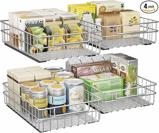 Pull out Cabinet Organizer, Stainless Steel 4-Pack Slide out Drawer with Silent Full-Extension Slides, Adhesive Roll out Can Spice Storage Basket Shelf Rack for Pantry, Kitchen, Bathroom, Home Closet - ModernBath