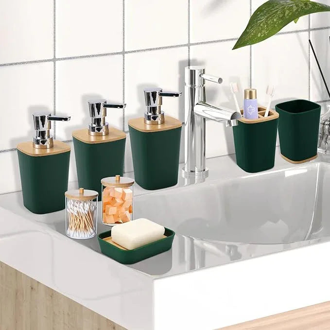 XLHOMO Dark Green Bathroom Accessories, Green Bathroom Accessories Set with Trash Can, Soap Dispenser, Toothbrush Holder, Toothbrush Cup, Soap Dish, Toilet Brush, Tray and Q-tip Holders - ModernBath