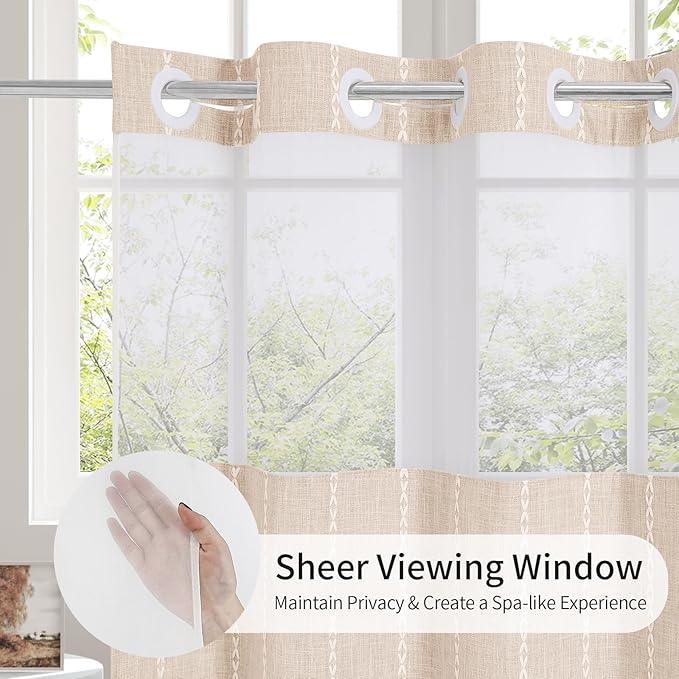 MitoVilla No Hooks Needed Farmhouse Shower Curtain with Snap-in Liner - with Window & Magnets, Boho Cotton Linen Fabric Shower Curtains with Tassels for Rustic Bathroom Decor, Beige/Cream, 72 x 74 - ModernBath