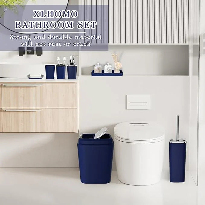 XLHOMO Navy Blue Bathroom Accessories Set, 9-Piece Plastic Gift Set with Trash Can, Toothbrush Holder, Toothbrush Cup, Soap Dispenser, Soap Dish, Toilet Brush Holder,2 Qtip Holder Dispensers and Tray - ModernBath