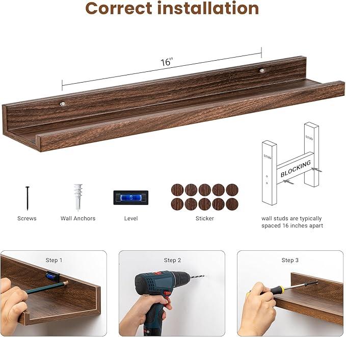 Heimlove Floating Shelves Set of 6, 24" Wall Mounted Picture Ledge, Display Shelf Organizer for Decor Storage, Wall Mounted Shelves for Living Room, Bedroom, Bathroom, Kitchen (Walnut) - ModernBath