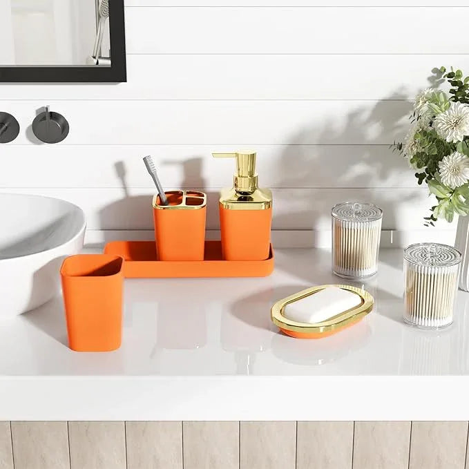 XLHOMO Bathroom Accessories Set - 25PC Bathroom Set with Shower Curtain and Rugs, Orange Bathroom Set, Bathroom Accessory Set with Press-on Lid Trash Can, Soap Dispenser and Qtip Holders - ModernBath