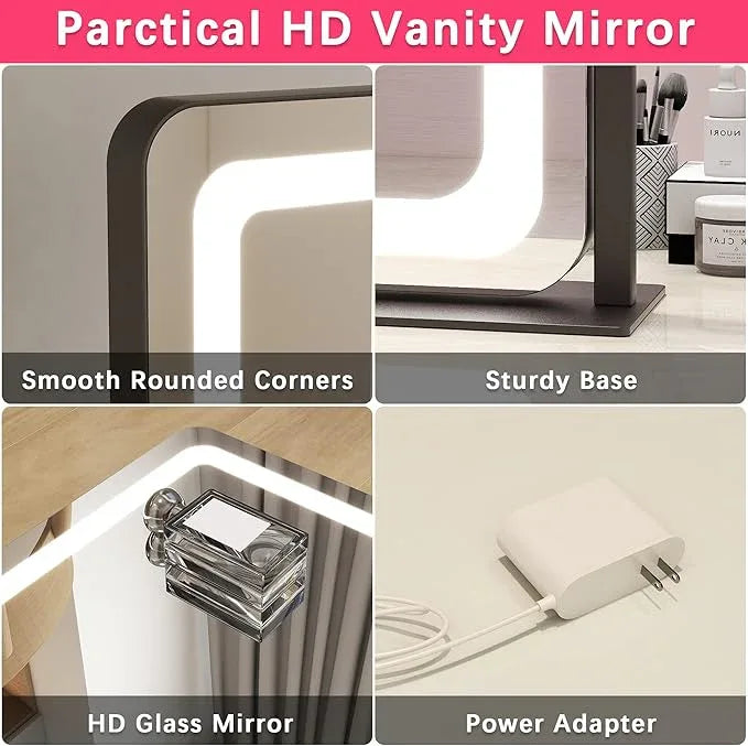 ROLOVE 22x17 Inch Lighted Vanity Mirror with Dimmable LED Lights - 3 Color Modes, Smart Touch Control & 360° Rotating Base - Desk Makeup Mirror (Black) - ModernBath