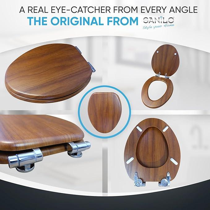 SANILO Wooden Toilet Seat with Soft Close [ELONGATED] - Decorative, Quiet & Slow Close Molded Wood Seat - With Strong Bumpers & Hinges - Adjustable Fit - Mahogany - ModernBath